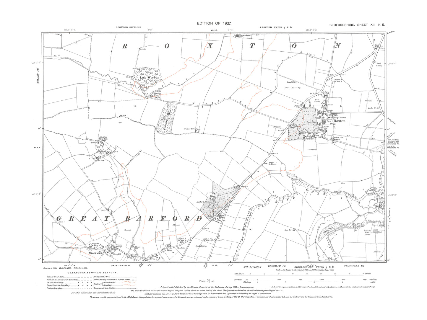 A 1927 map showing Roxton and Great Barford (north) in Bedfordshire - A Digital Download 0f OS 1:10560 scale map, Beds 12NE