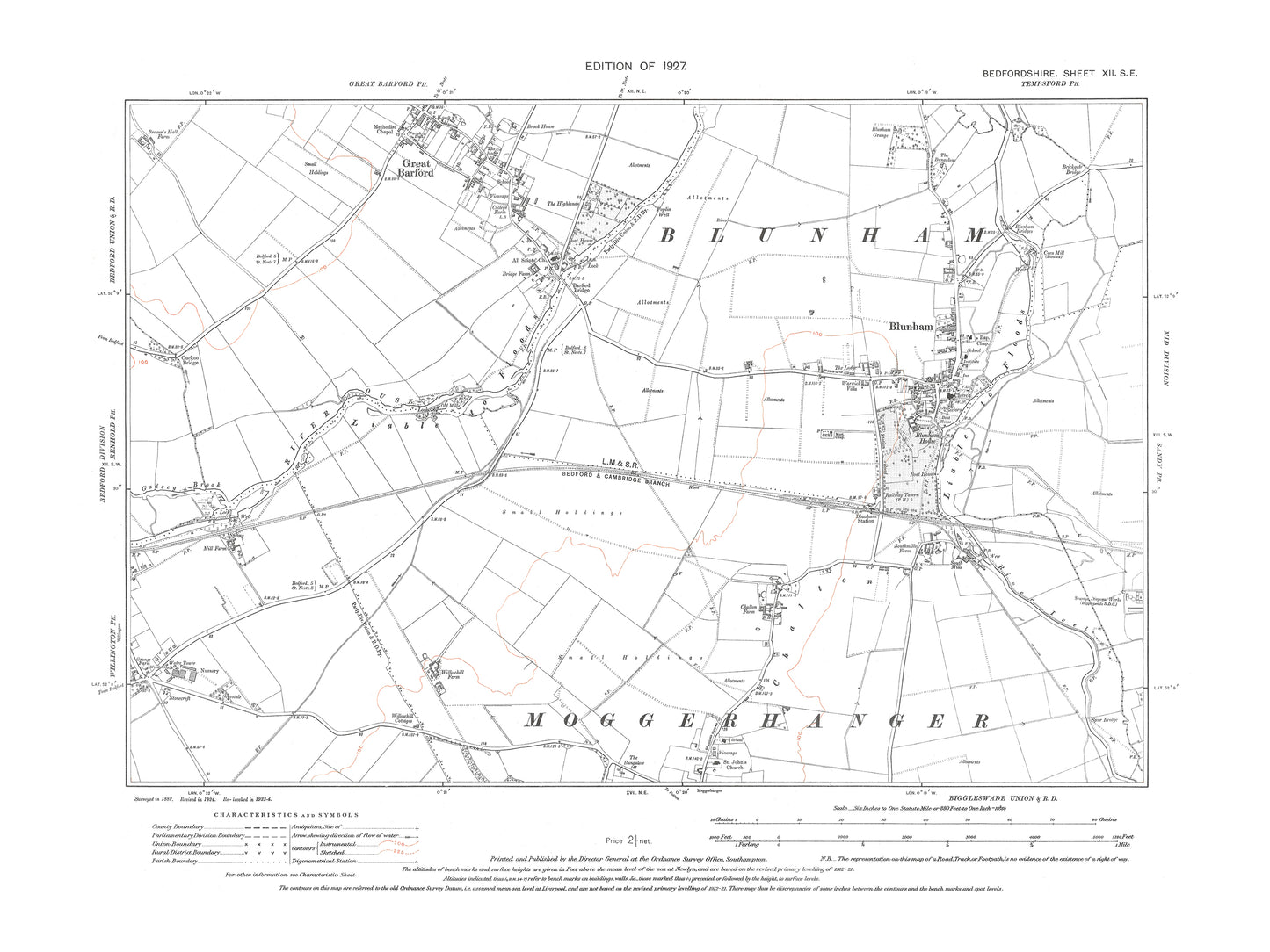 A 1927 map showing Blunham, Great Barford (south) and Moggerhanger (north) in Bedfordshire - A Digital Download 0f OS 1:10560 scale map, Beds 12SE