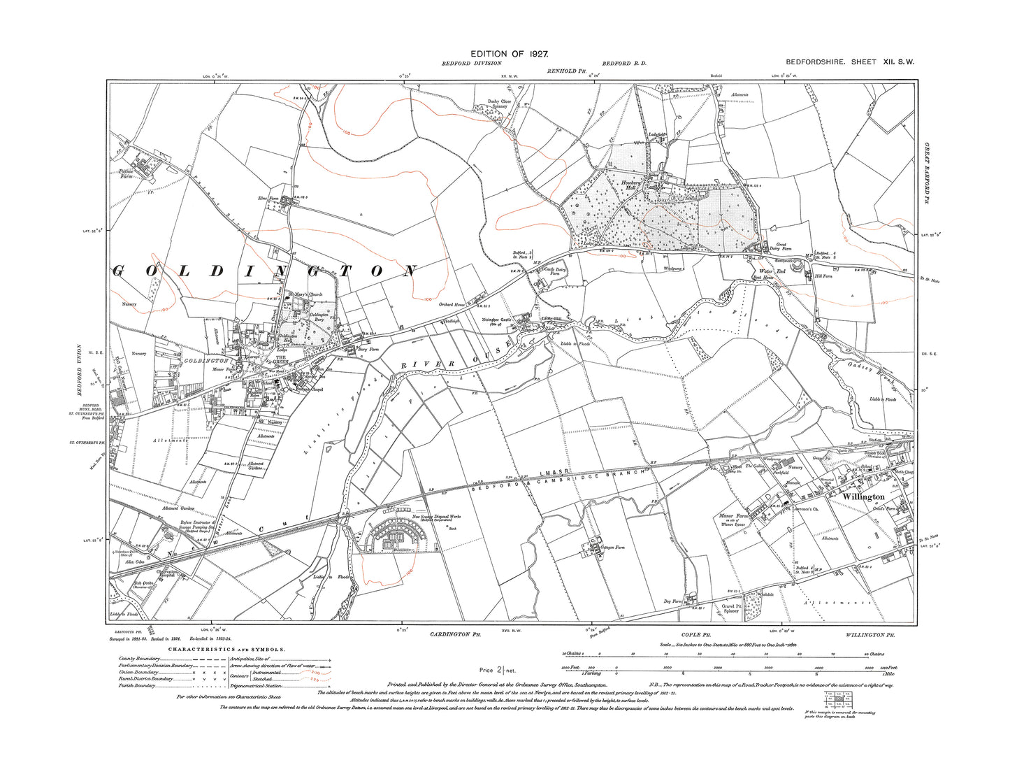 A 1927 map showing Bedford (east), Goldington and Willington (west) in Bedfordshire - A Digital Download 0f OS 1:10560 scale map, Beds 12SW