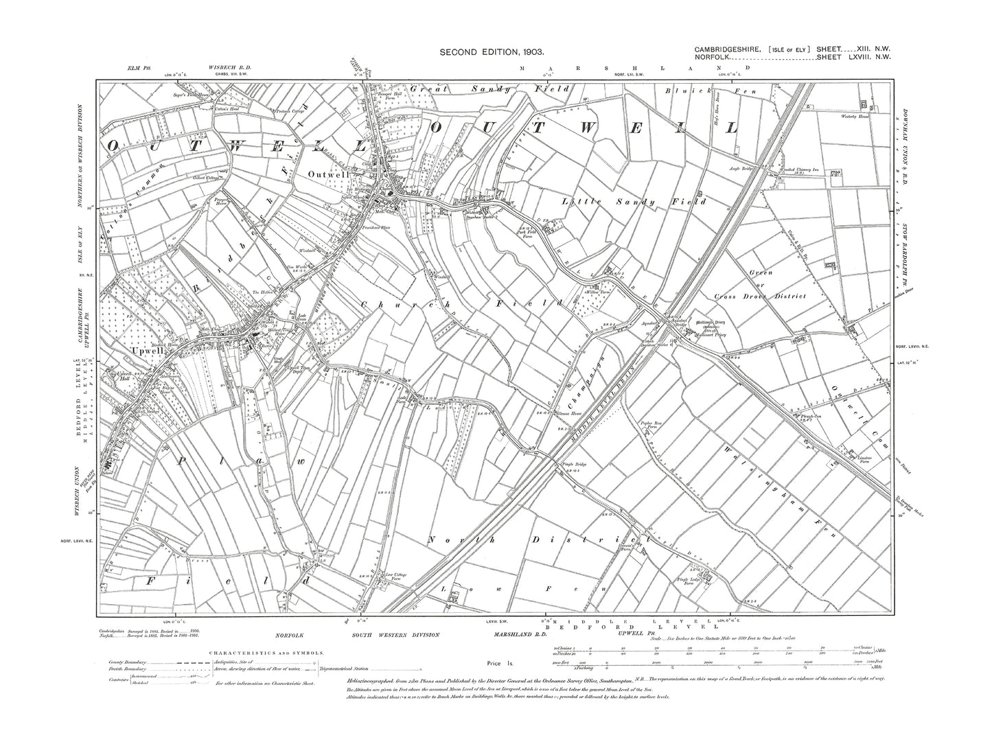 Old OS map dated 1903, showing Outwell, Upwell in Cambridgeshire 13NW