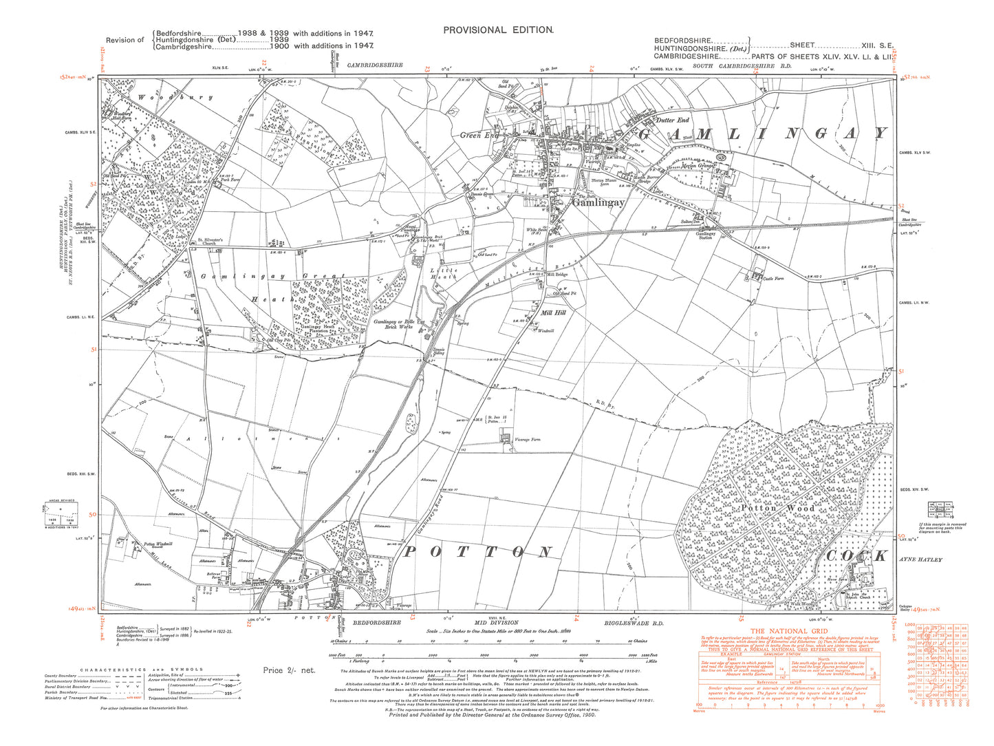 A 1947 map showing Potton (north) in Bedfordshire, plus Gamlingay in Cambridgeshire - A Digital Download 0f OS 1:10560 scale map, Beds 13SE