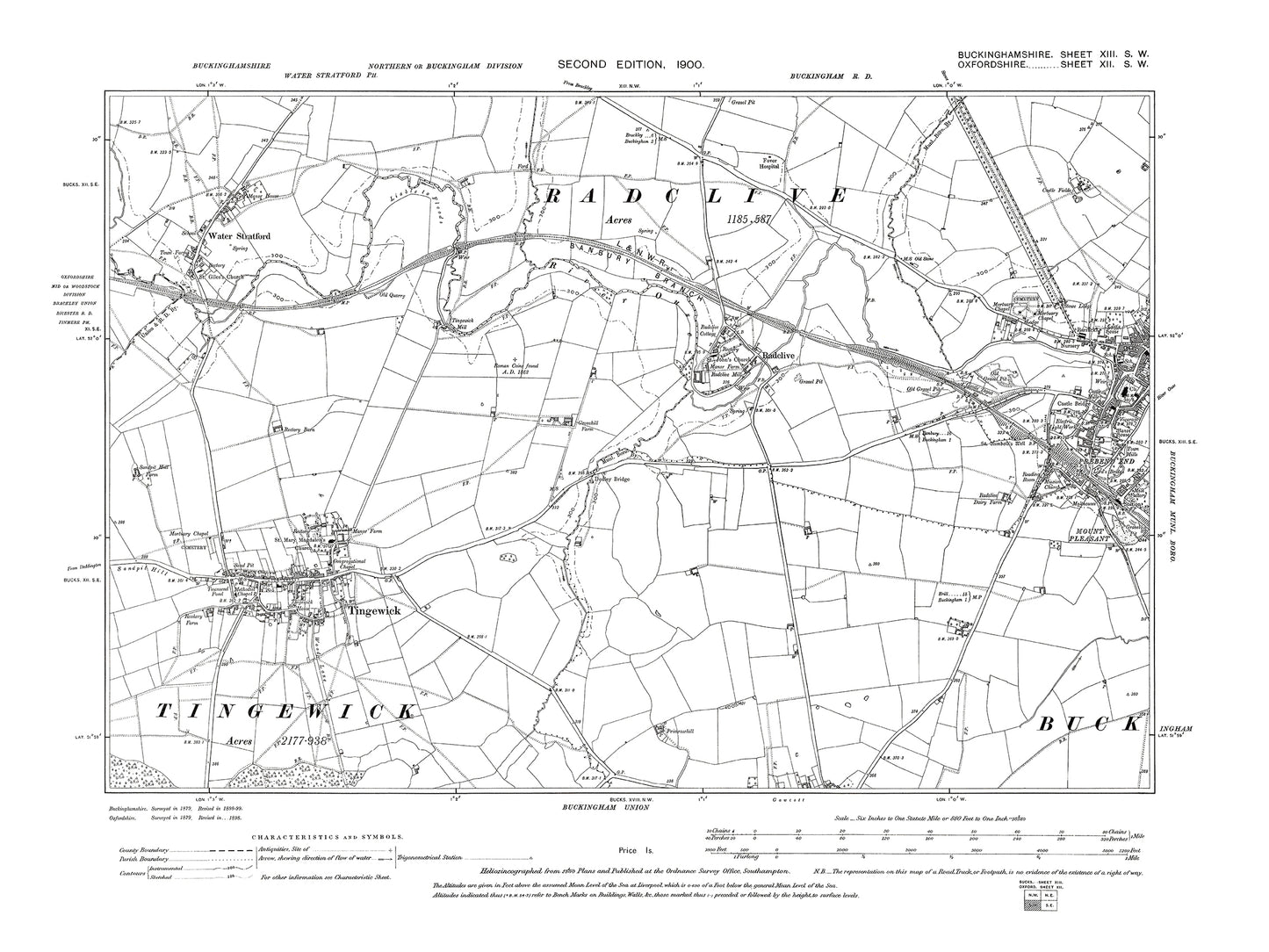 Old OS map dated 1900, showing Buckingham (west), Radclive, Tingewick, Water Stratford (west) in Buckinghamshire 13SW