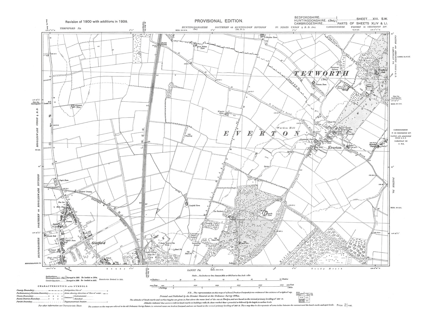 A 1938 map showing Sandy (north) and Everton in Bedfordshire - A Digital Download 0f OS 1:10560 scale map, Beds 13SW