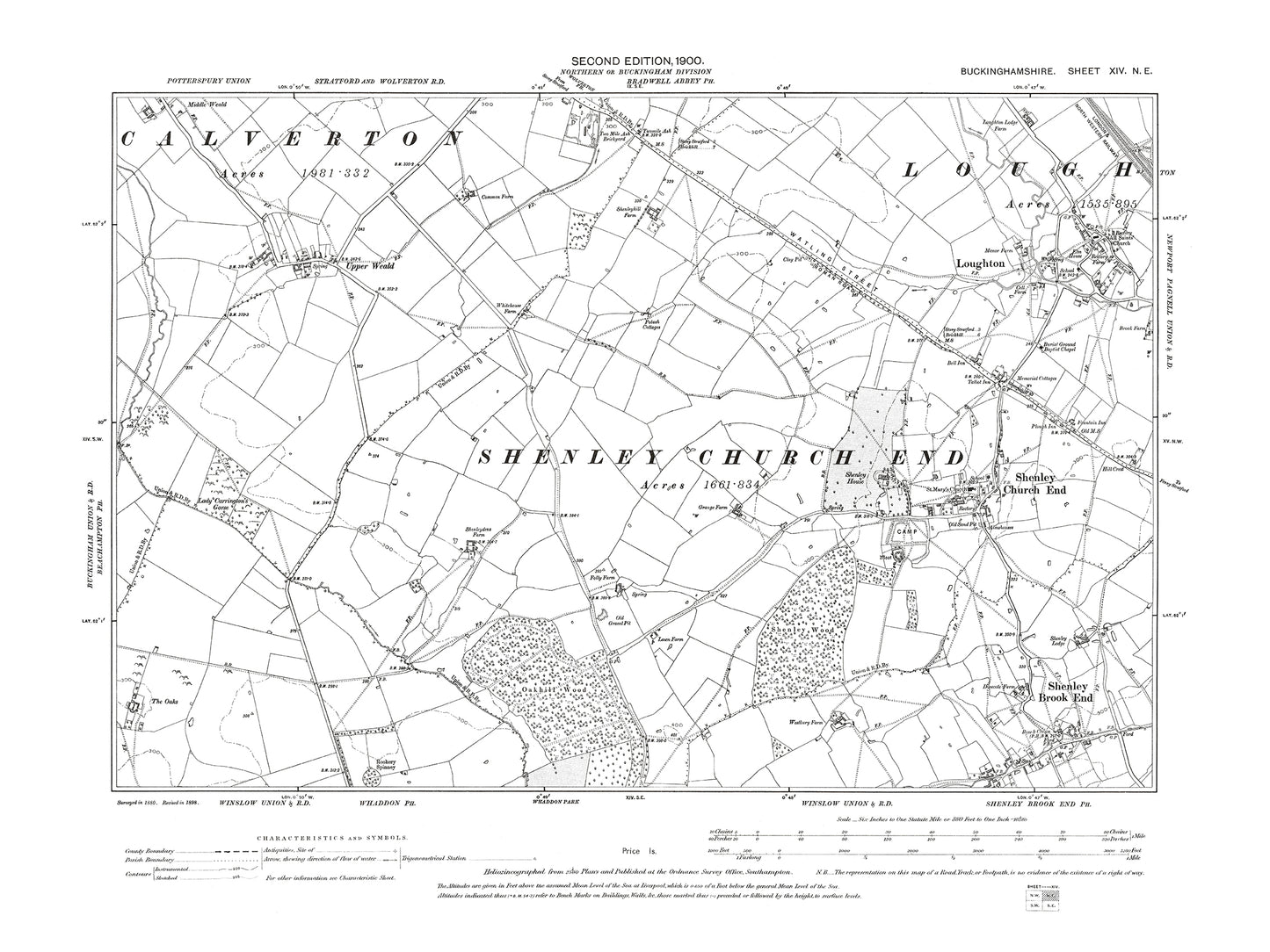 Old OS map dated 1900, showing Shenley Church End, Brook End, Loughton in Buckinghamshire 14NE