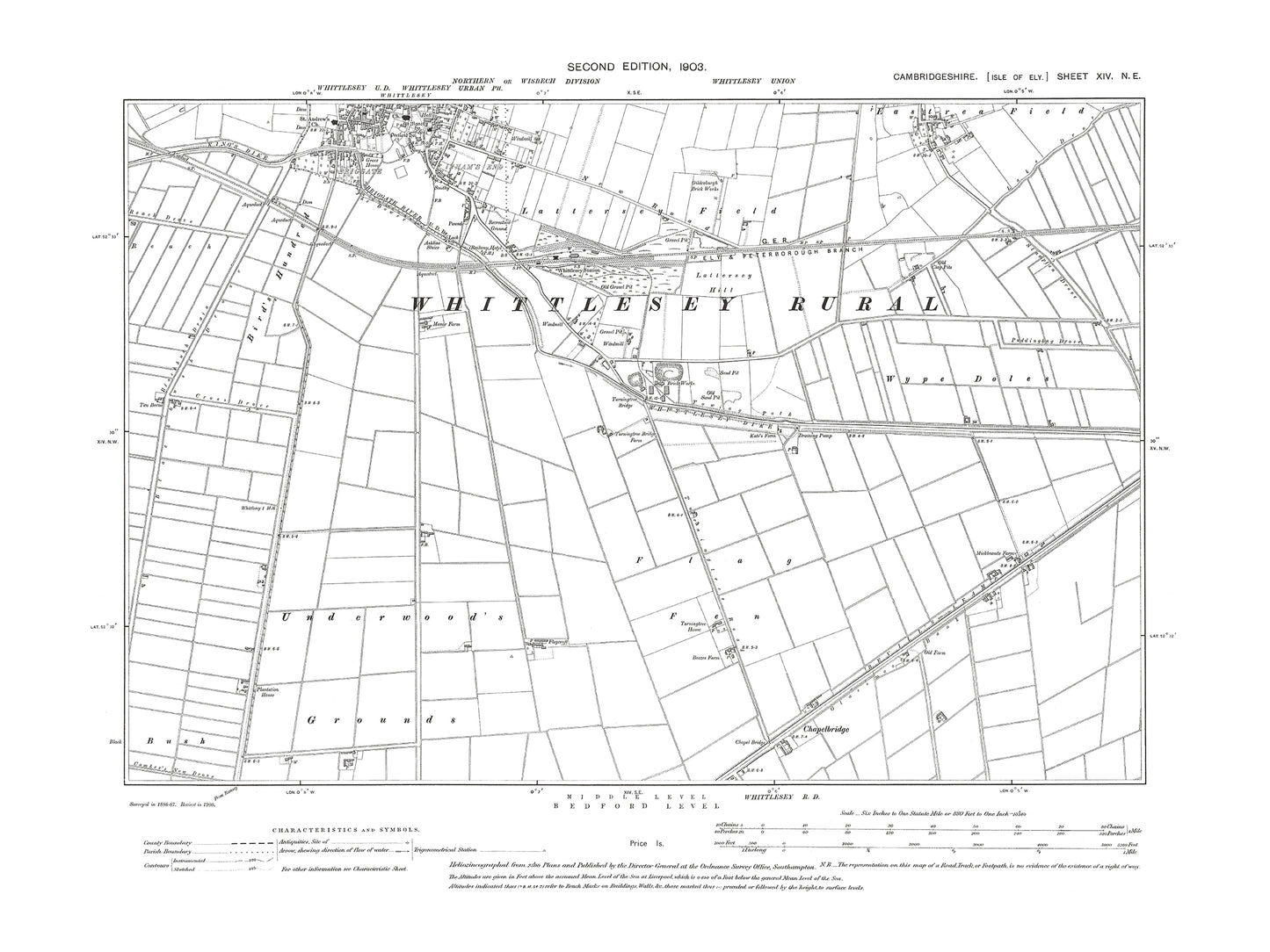 Old OS map dated 1903, showing Whittlesey, Eastrea Field (south) in Cambridgeshire 14NE