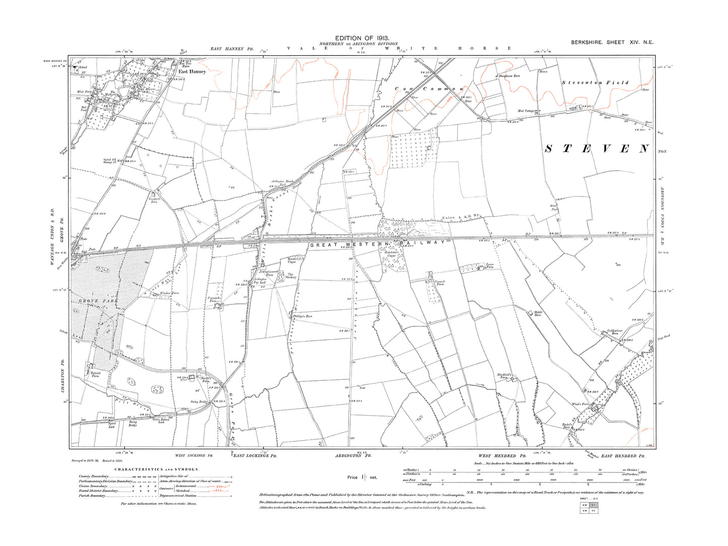 A 1913 map showing East Hanney (south) in Berkshire - OS 1:10560 scale map, Berks 14NE