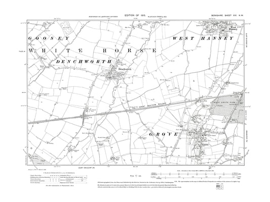 A 1913 map showing West Hanney (south), Denchworth, Grove (north) in Berkshire - OS 1:10560 scale map, Berks 14NW