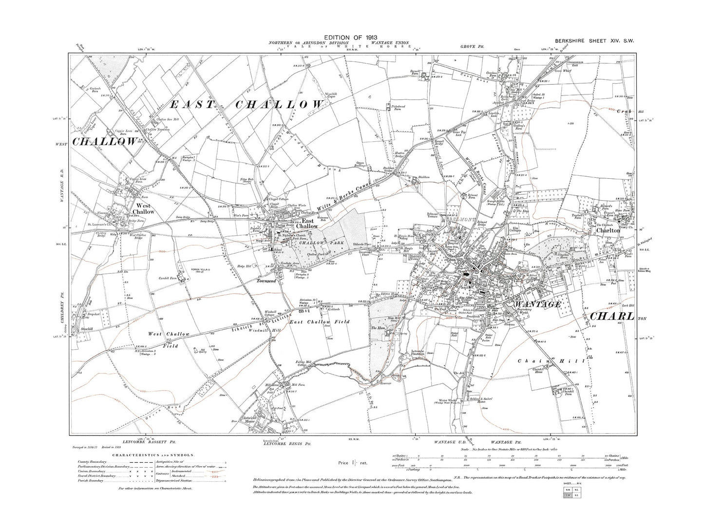 A 1913 map showing Wantage, East Challow, Charlton (west) in Berkshire - OS 1:10560 scale map, Berks 14SW
