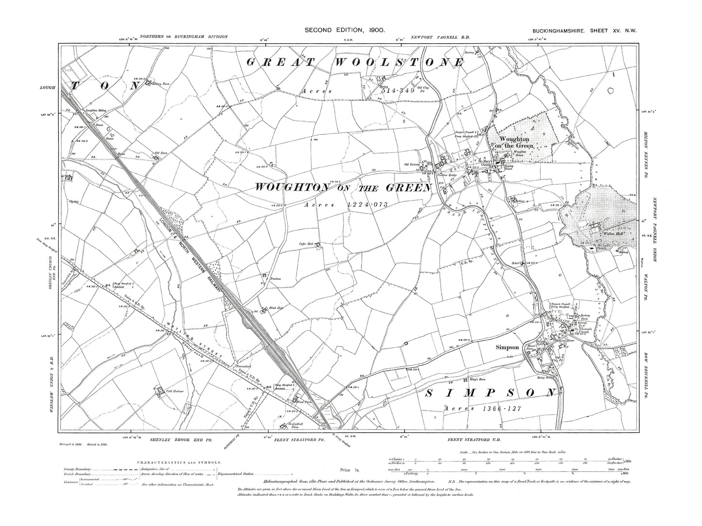 Old OS map dated 1900, showing Woughton on the Green, Simpson in Buckinghamshire 15NW