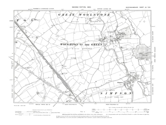 Old OS map dated 1900, showing Woughton on the Green, Simpson in Buckinghamshire 15NW