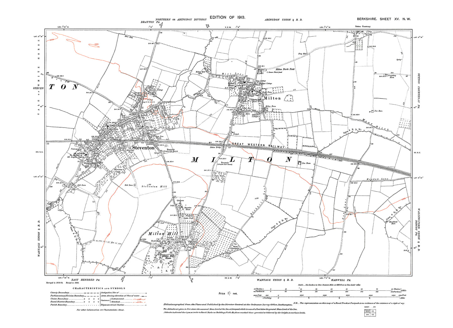 A 1913 map showing Steventon, Milton, Milton Hill in Berkshire - OS 1:10560 scale map, Berks 15NW