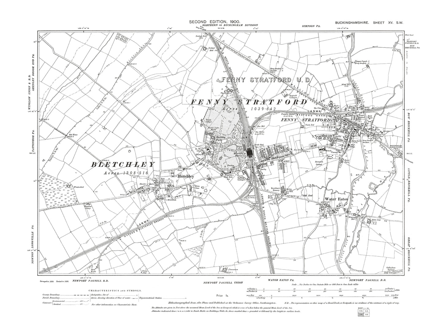 Old OS map dated 1900, showing Fenny Stratford, Bletchley, Water Eaton in Buckinghamshire 15SW