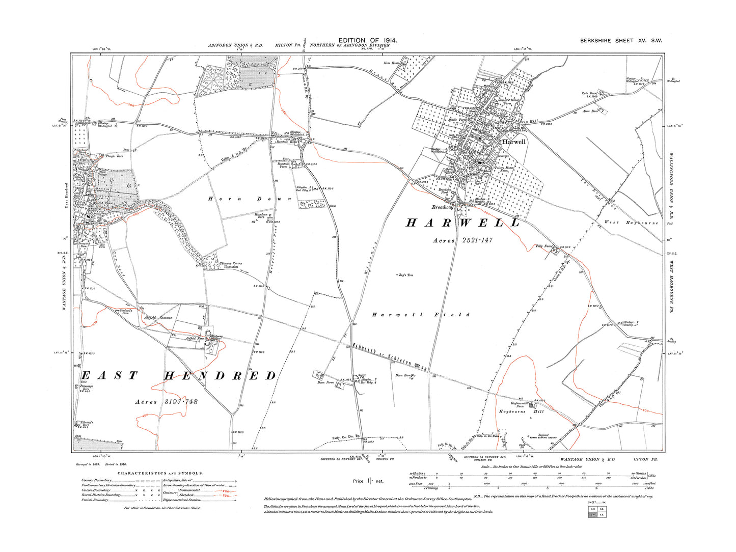 A 1914 map showing Harwell, East Hendred (east) in Berkshire - OS 1:10560 scale map, Berks 15SW