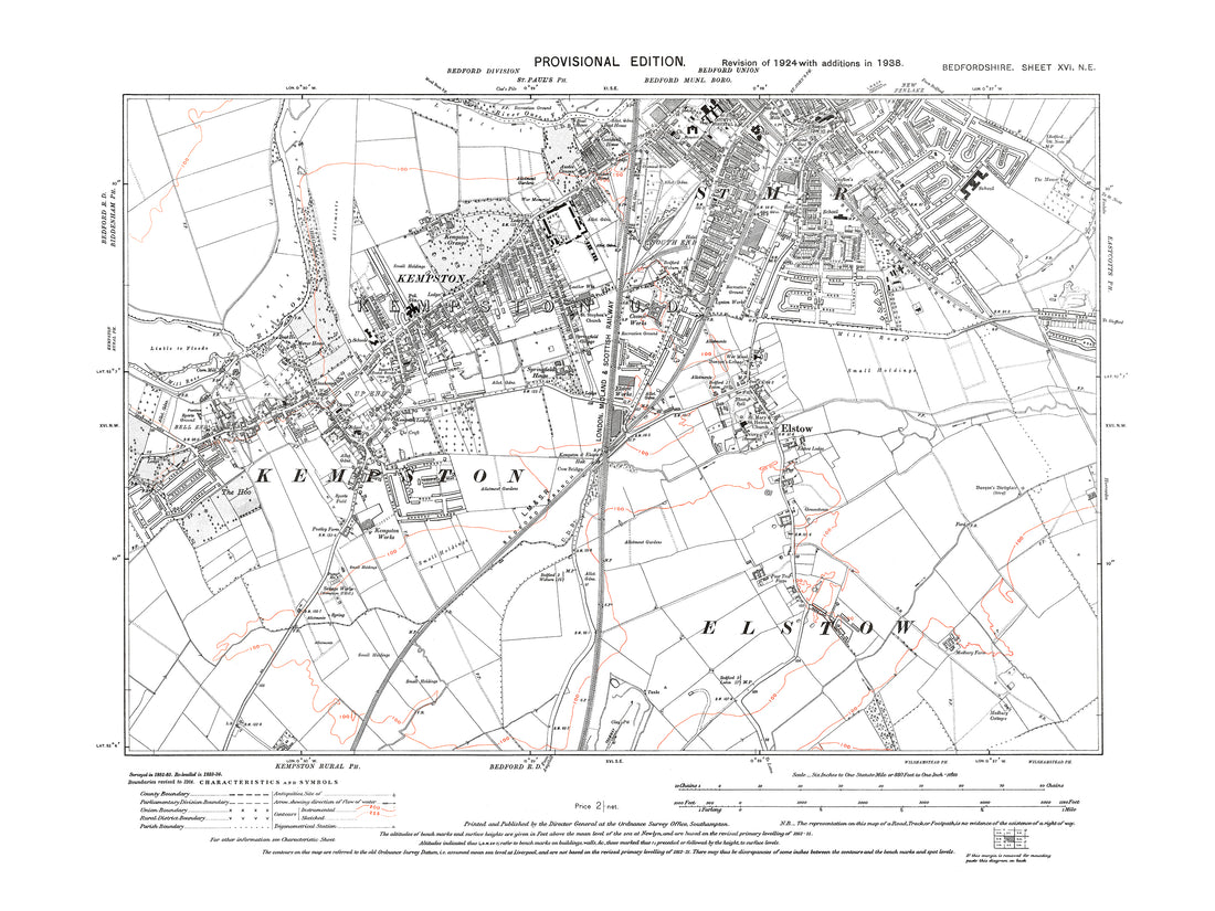 A 1938 map showing Bedford (south), Kempston and Elstow in Bedfordshir ...