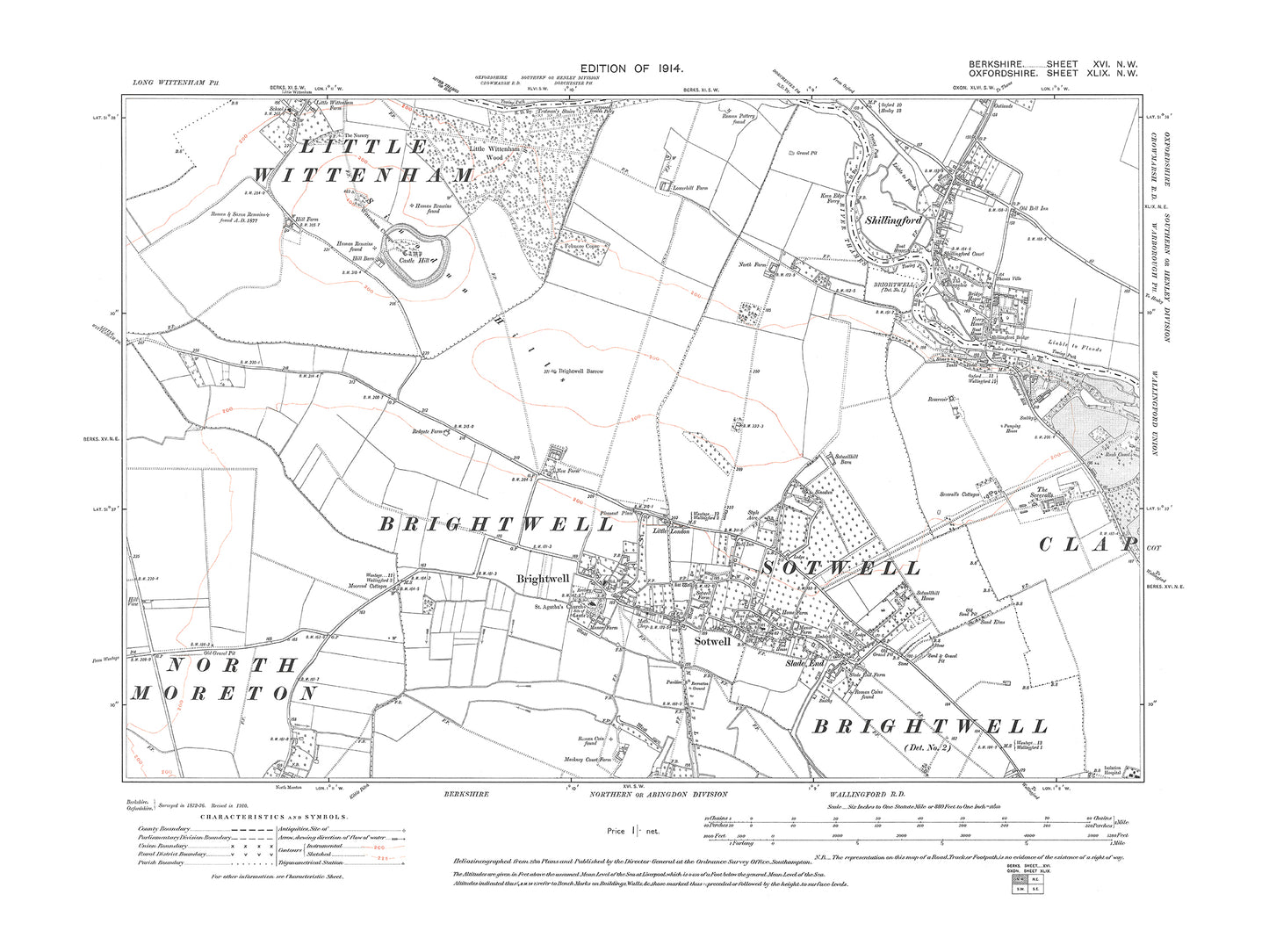 A 1914 map showing Brightwell, Sotwell in Berkshire - OS 1:10560 scale map, Berks 16NW