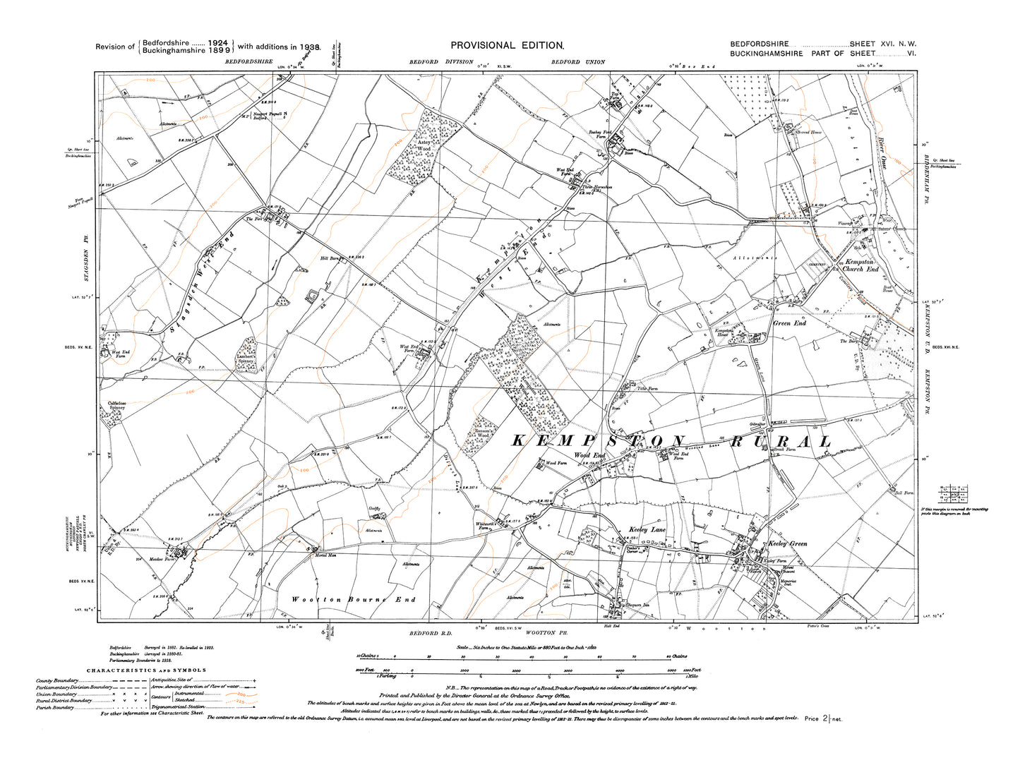 A 1938 map showing Wootton (north), Kempston (west) and Keeley in Bedfordshire - A Digital Download 0f OS 1:10560 scale map, Beds 16NW