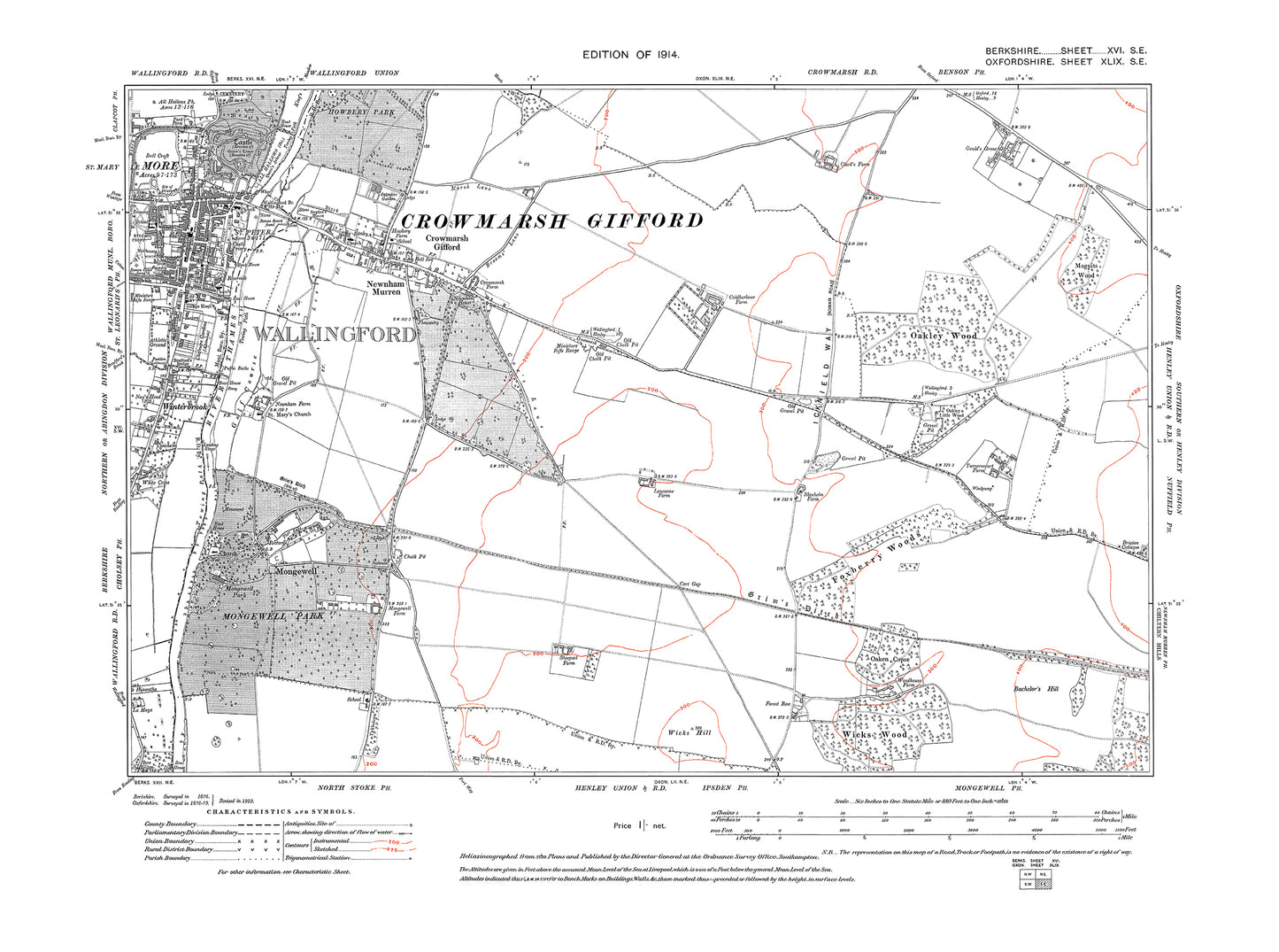 A 1914 map showing Wallingford, Newnham Murren, Mongewell in Berkshire - OS 1:10560 scale map, Berks 16SE