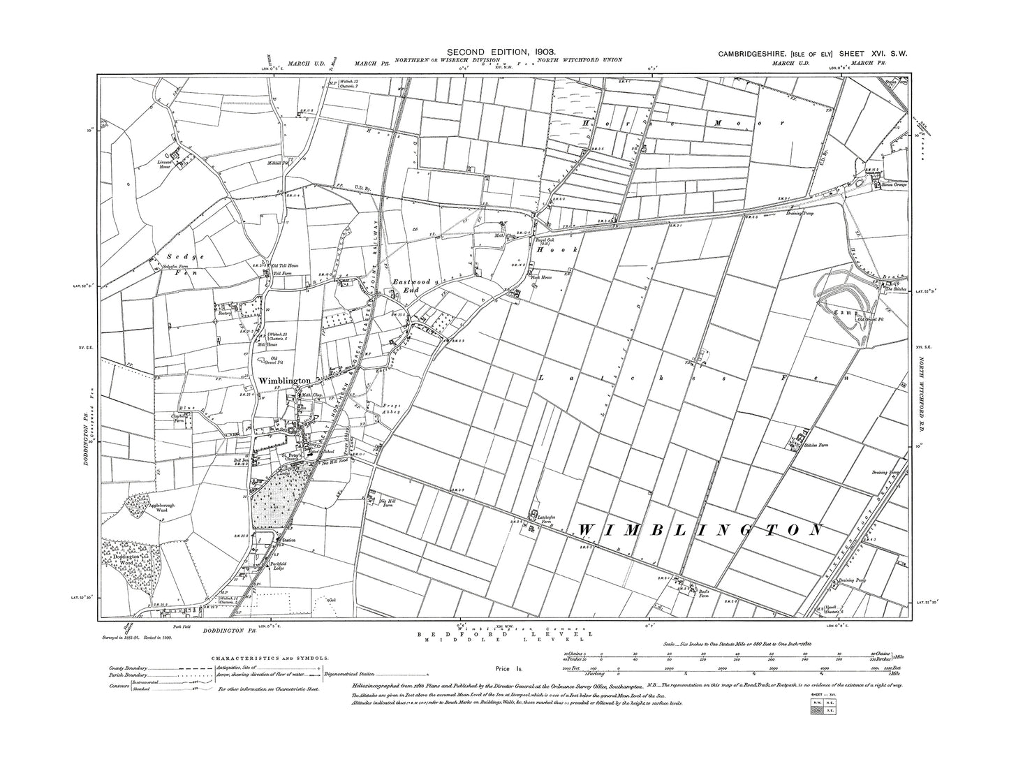 Old OS map dated 1903, showing Wimblington in Cambridgeshire 16SW