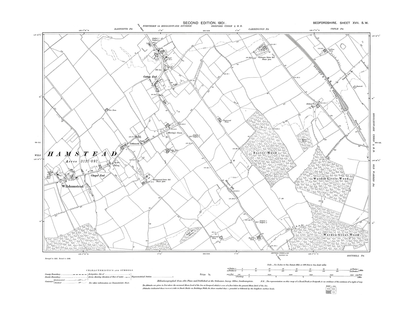 A 1901 map showing Wilshamstead and Cotton End in Bedfordshire - A Digital Download 0f OS 1:10560 scale map, Beds 17SW