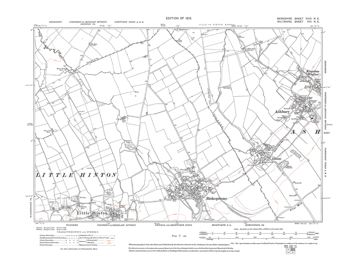 A 1913 map showing Ashbury, Idstone in Berkshire - OS 1:10560 scale map, Berks 18NE