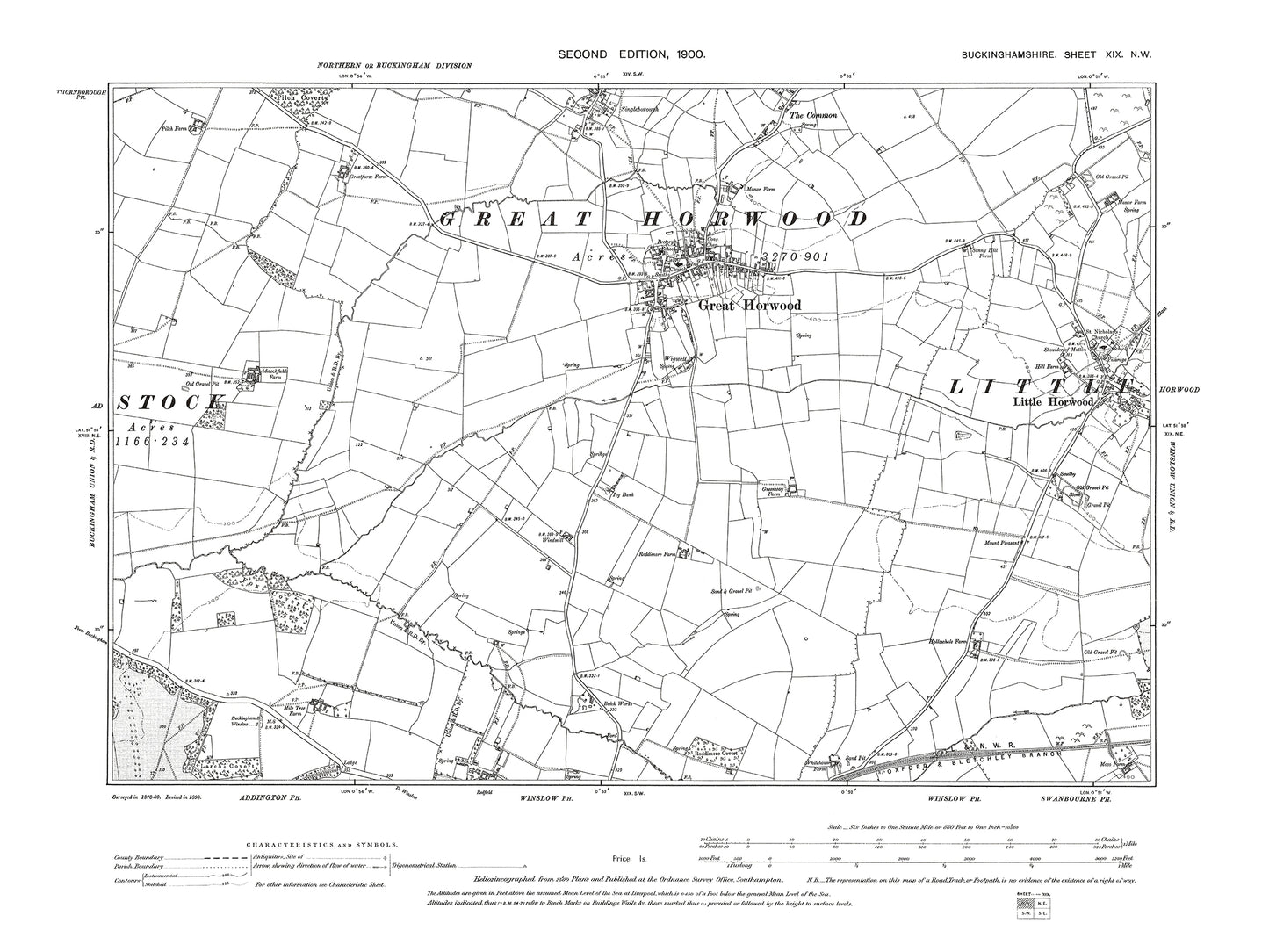 Old OS map dated 1900, showing Great Horwood, Little Horwood in Buckinghamshire 19NW