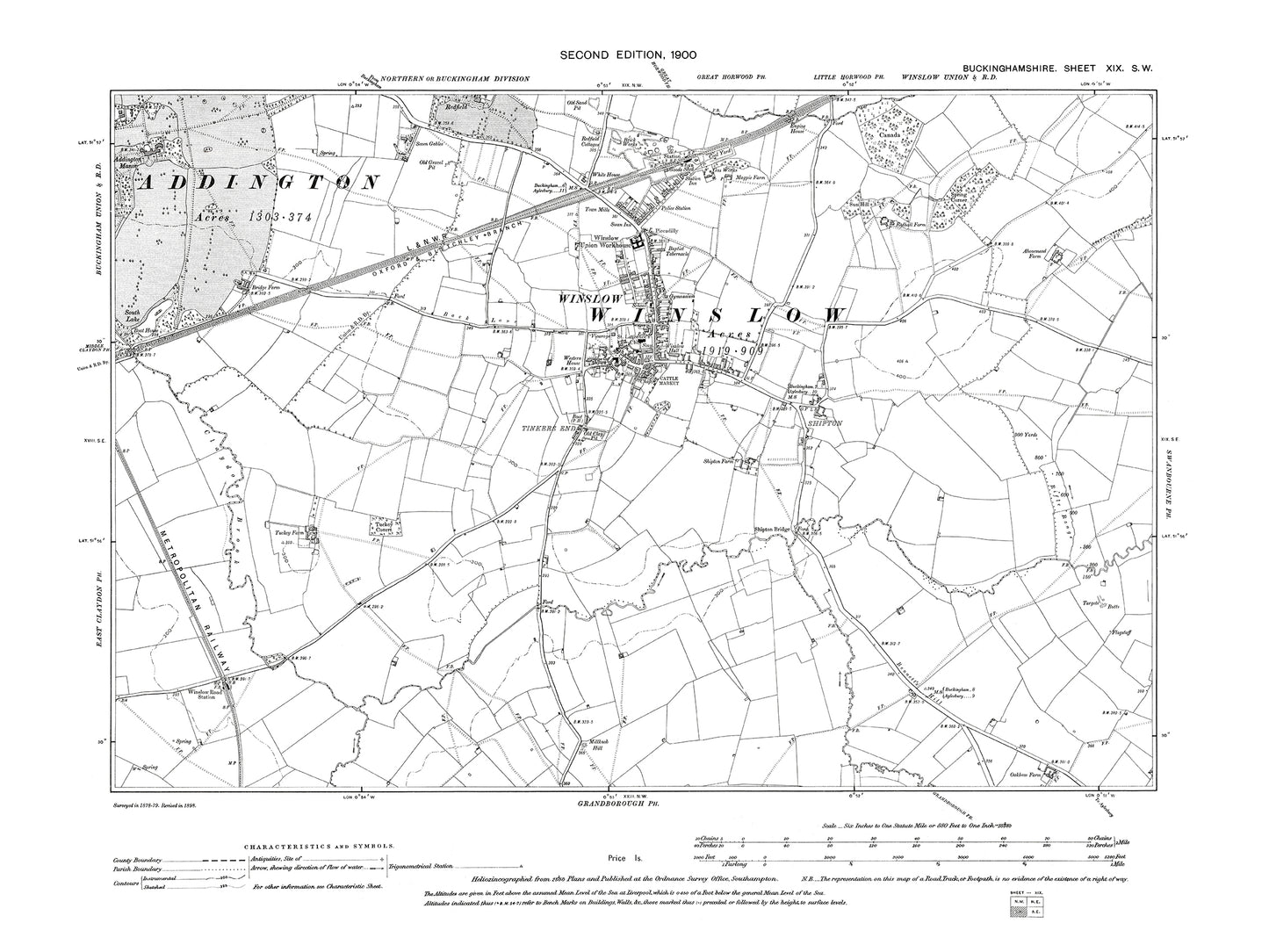 Old OS map dated 1900, showing Winslow in Buckinghamshire 19SW