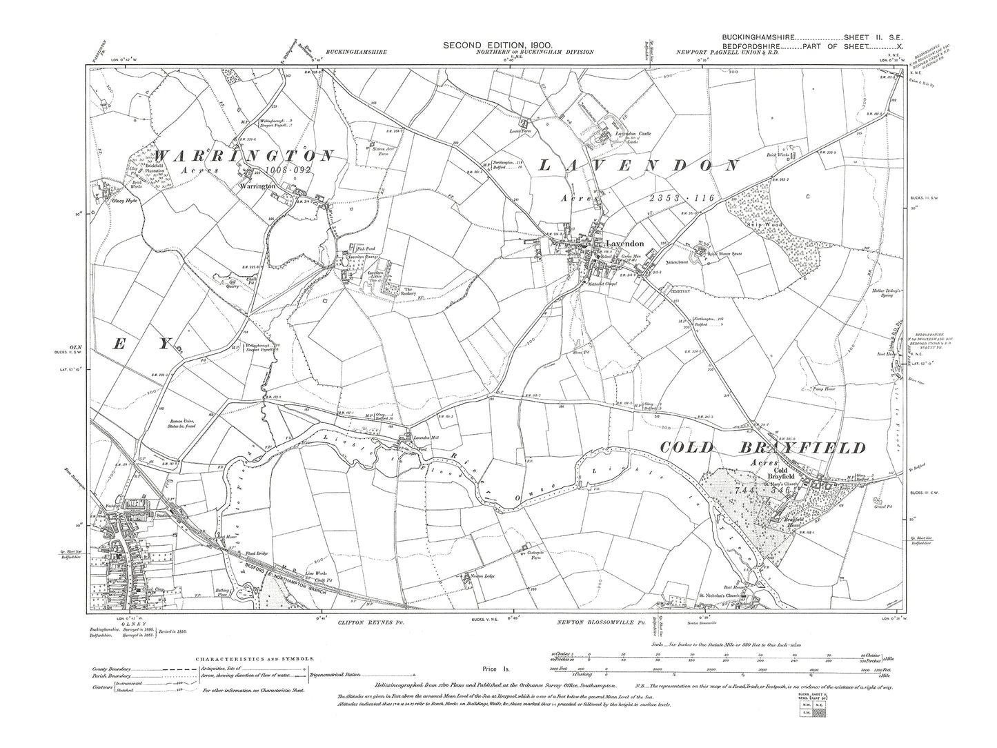 Old OS map dated 1900, showing Lavendon, Cold Brayfield, Olney (north), Warrington in Buckinghamshire - 2SE