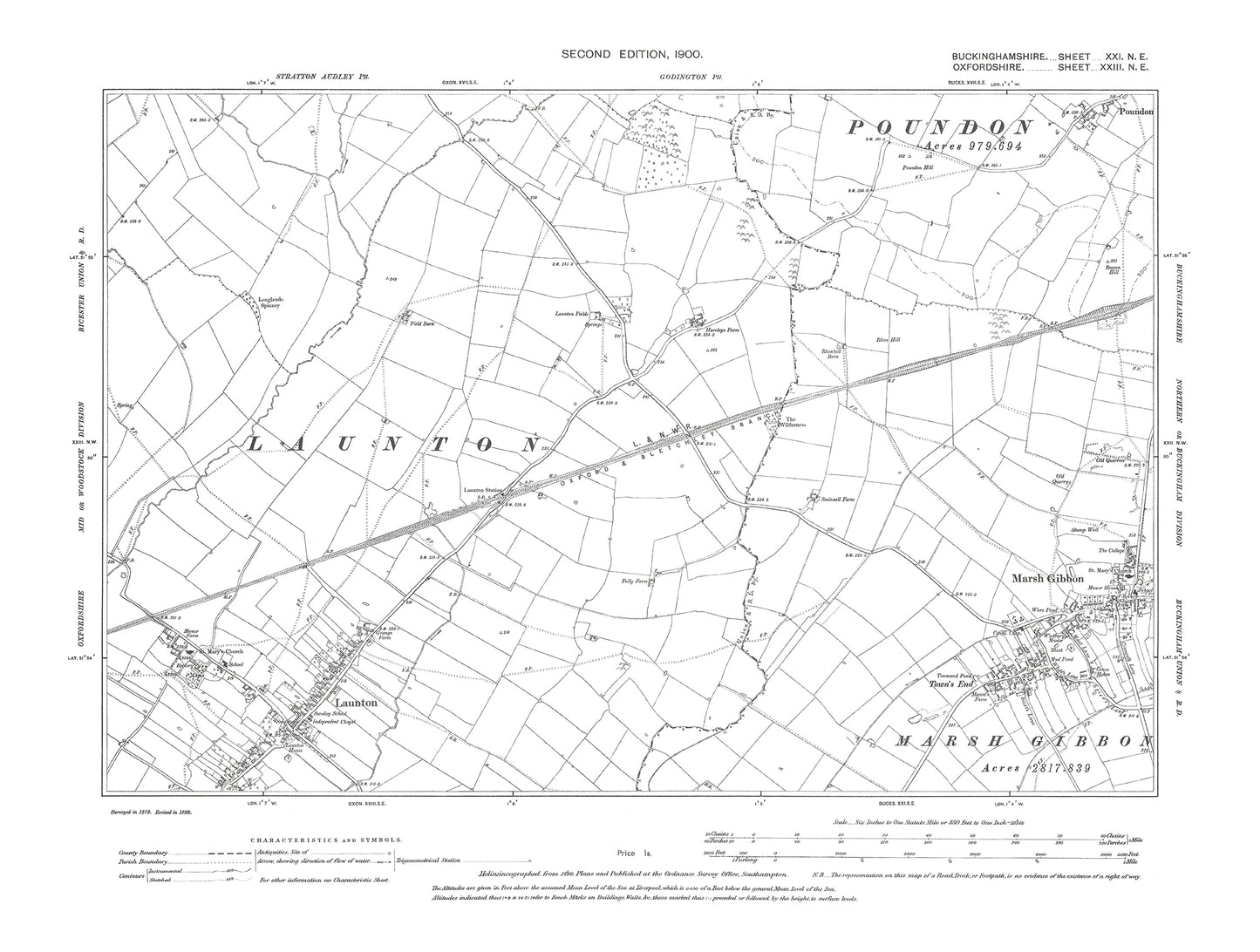 Old OS map dated 1900, showing Marsh Gibbon in Buckinghamshire 21NE