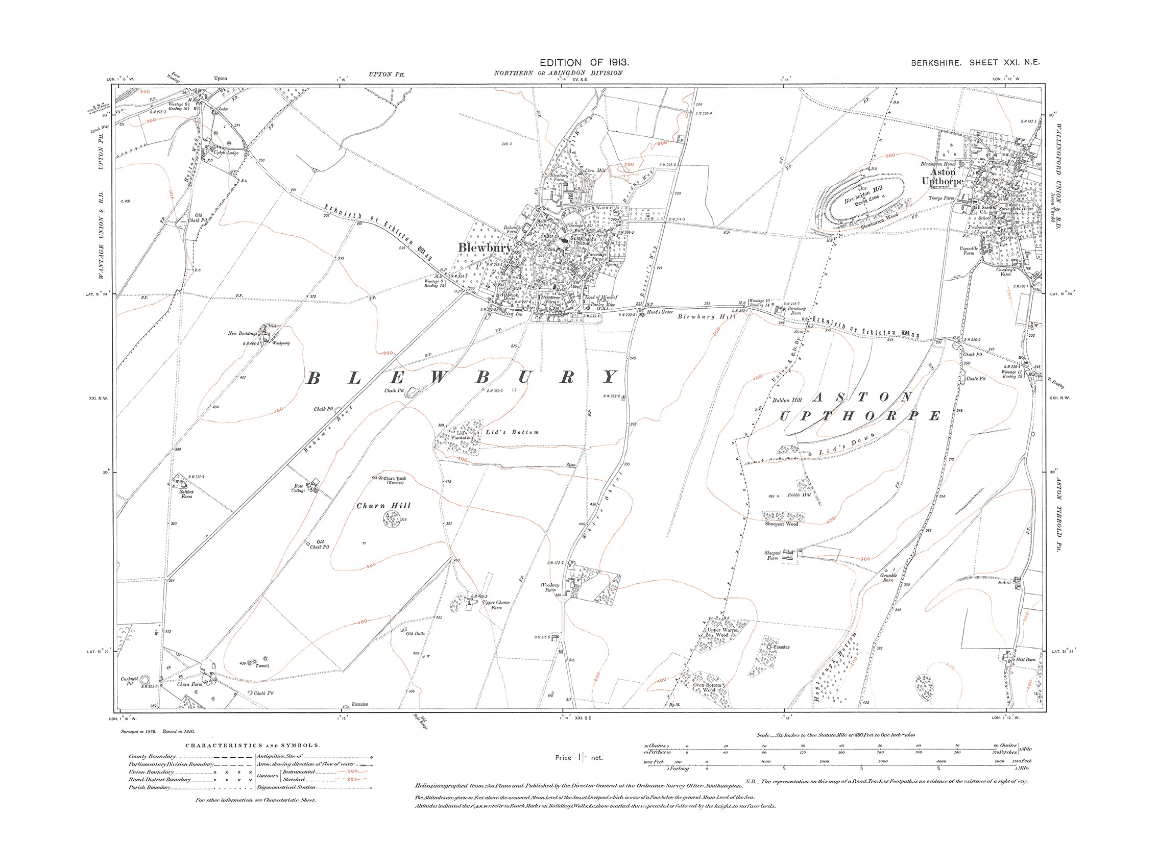 A 1913 map showing Blewbury, Aston Upthorpe, Upton (south) in Berkshir ...