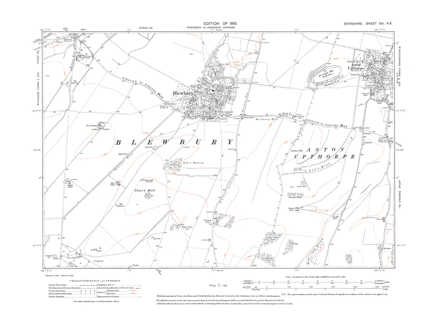 A 1913 map showing Blewbury, Aston Upthorpe, Upton (south) in Berkshire - OS 1:10560 scale map, Berks 21NE