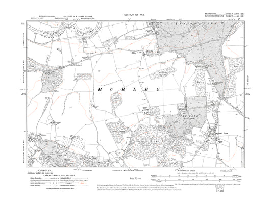 A 1913 map showing Hurley (south), Wargrave (north), Burchett's Green in Berkshire - OS 1:10560 scale map, Berks 23SE