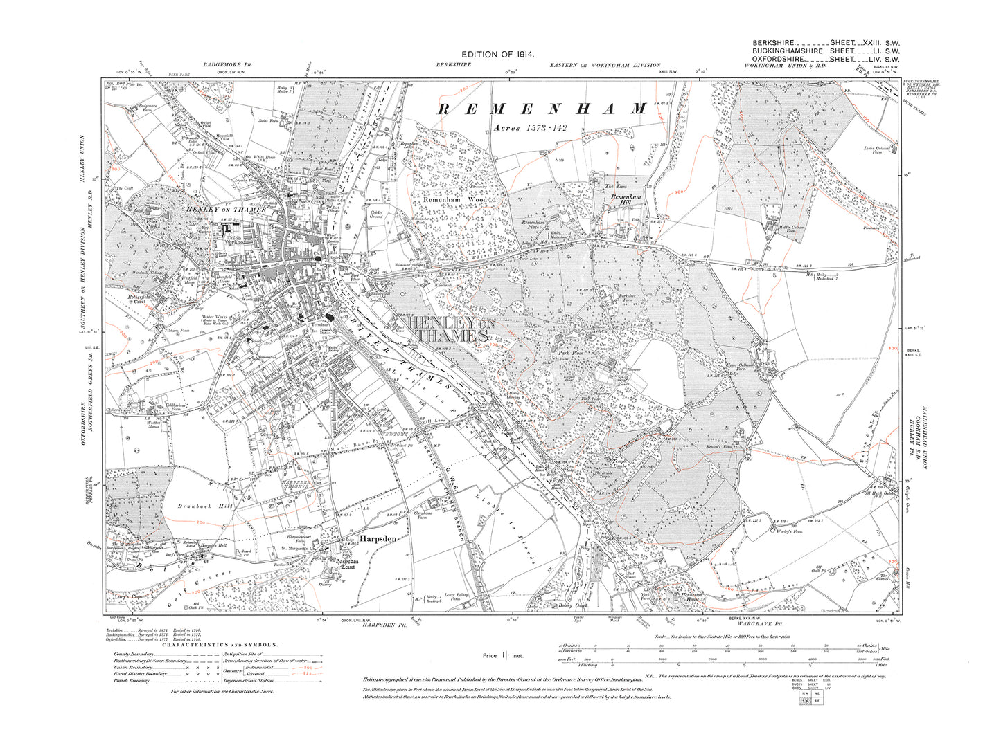 A 1914 map showing Remenham Hill, plus Henley on Thames, Oxen) in Berkshire - OS 1:10560 scale map, Berks 23SW