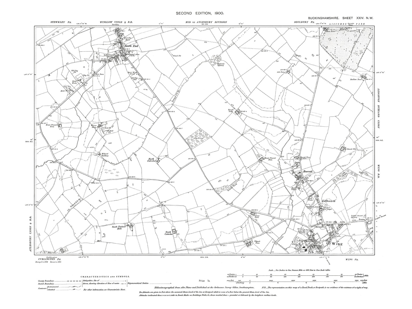 Old OS map dated 1900, showing Wing (north), Stewkley (south) in Buckinghamshire 24NW