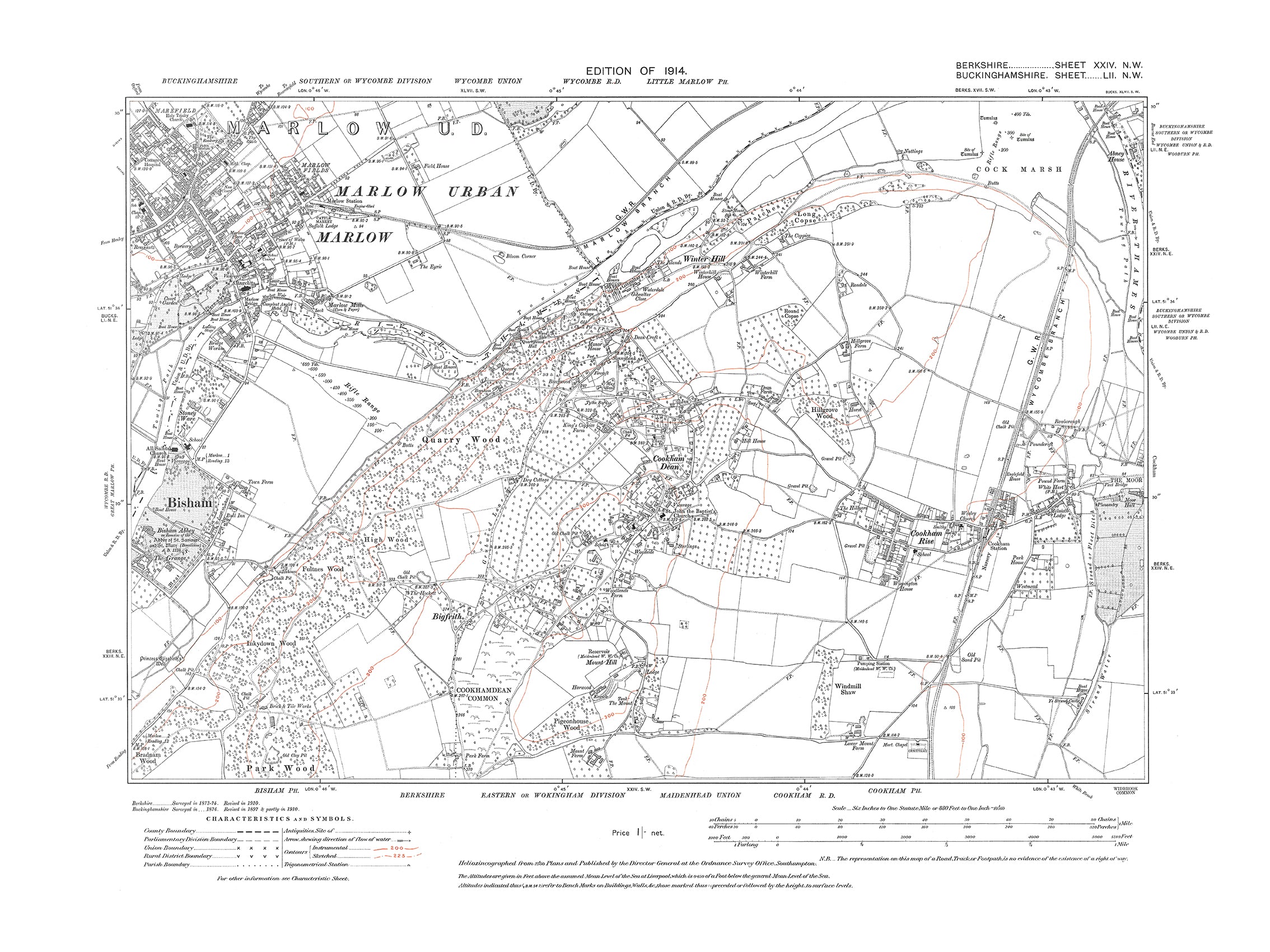 A 1914 map showing Bisham, Cookham Dean and Rise, Winter Hill in Berks ...