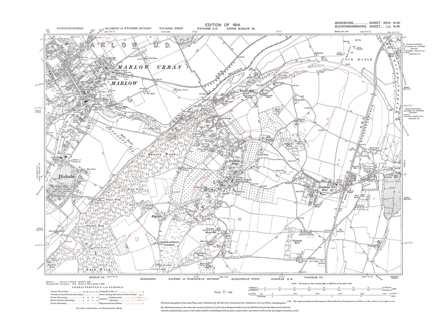 A 1914 map showing Bisham, Cookham Dean and Rise, Winter Hill in Berkshire - OS 1:10560 scale map, Berks 24NW