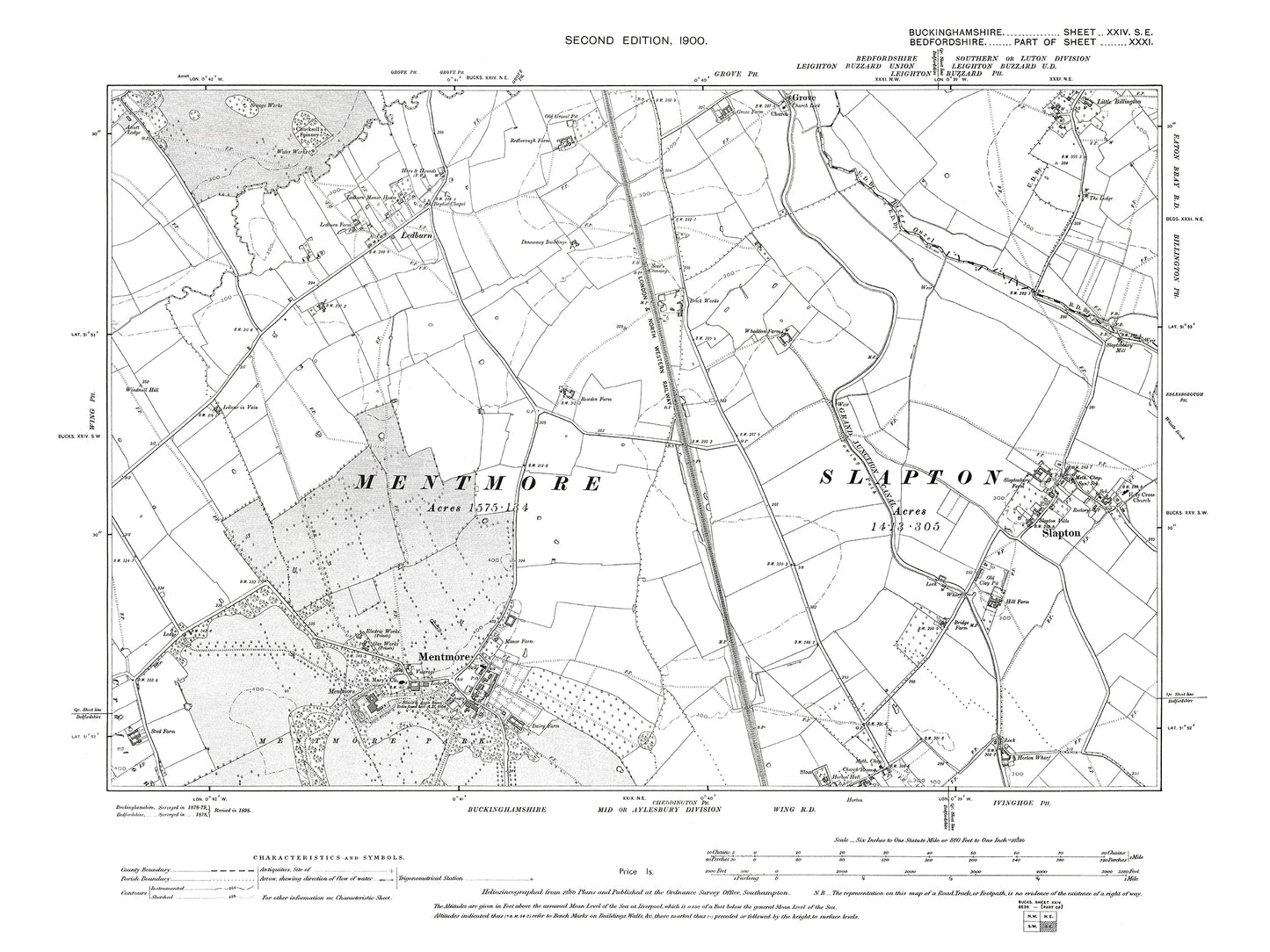 Old OS map dated 1900, showing Mentmore, Slapton, Ledburn, Horton (north) in Buckinghamshire 24SE