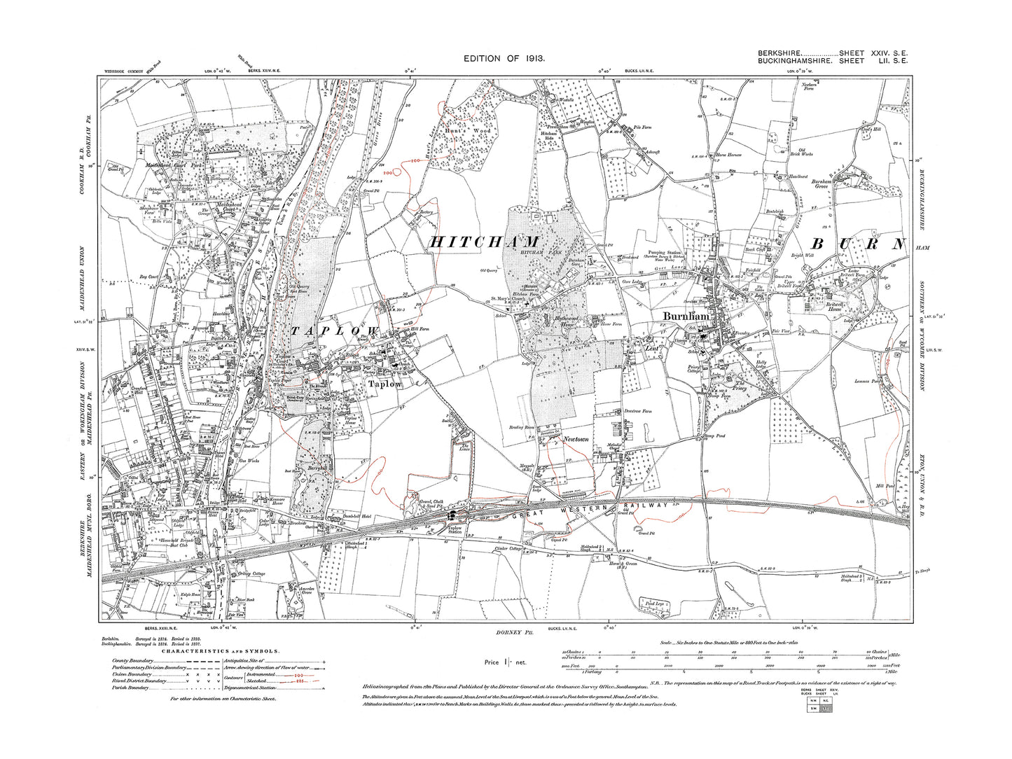 A 1913 map showing Maidenhead (east) in Berkshire - OS 1:10560 scale map, Berks 24SE