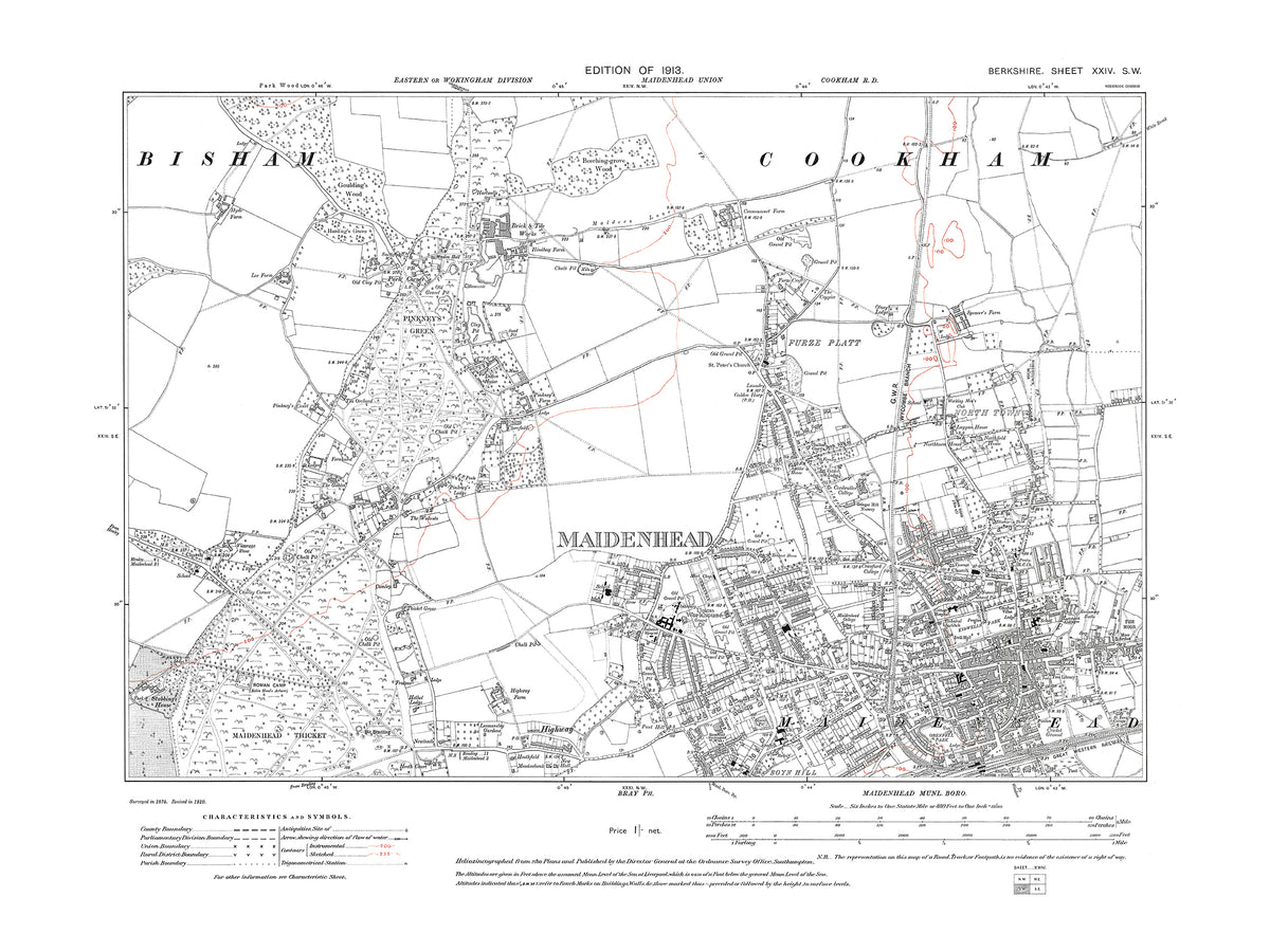 Maidenhead Postcode Map A 1913 map showing Maidenhead in Berkshire - OS 1:10560 scale map, Ber ...