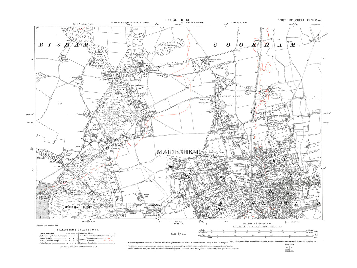 A 1913 map showing Maidenhead in Berkshire - OS 1:10560 scale map, Berks 24SW