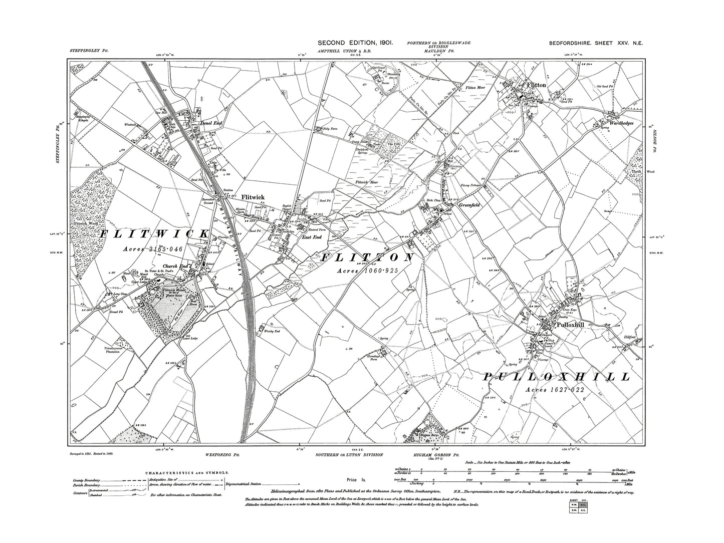A 1901 map showing Flitwick, Flitton, Greenfield and Pulloxhill in Bedfordshire - A Digital Download 0f OS 1:10560 scale map, Beds 25NE
