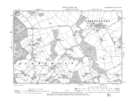 A 1902 map showing Steppingley and Eversholt (north) in Bedfordshire - A Digital Download 0f OS 1:10560 scale map, Beds 25NW