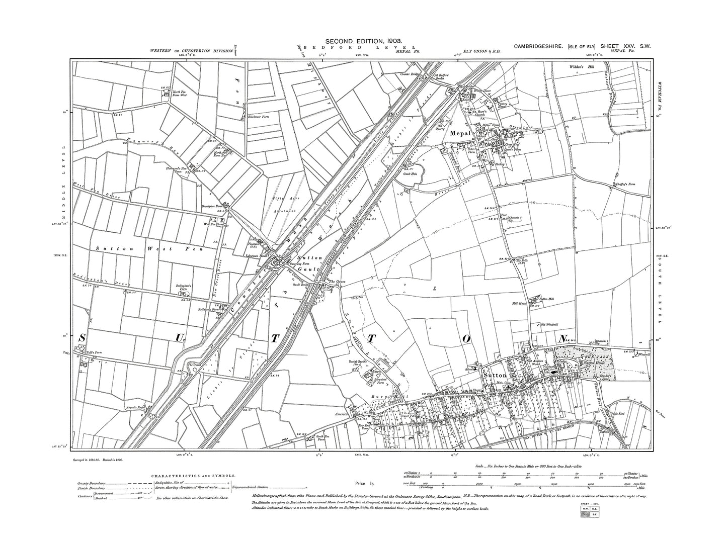 Old OS map dated 1903, showing Mepal, Sutton in Cambridgeshire 25SW