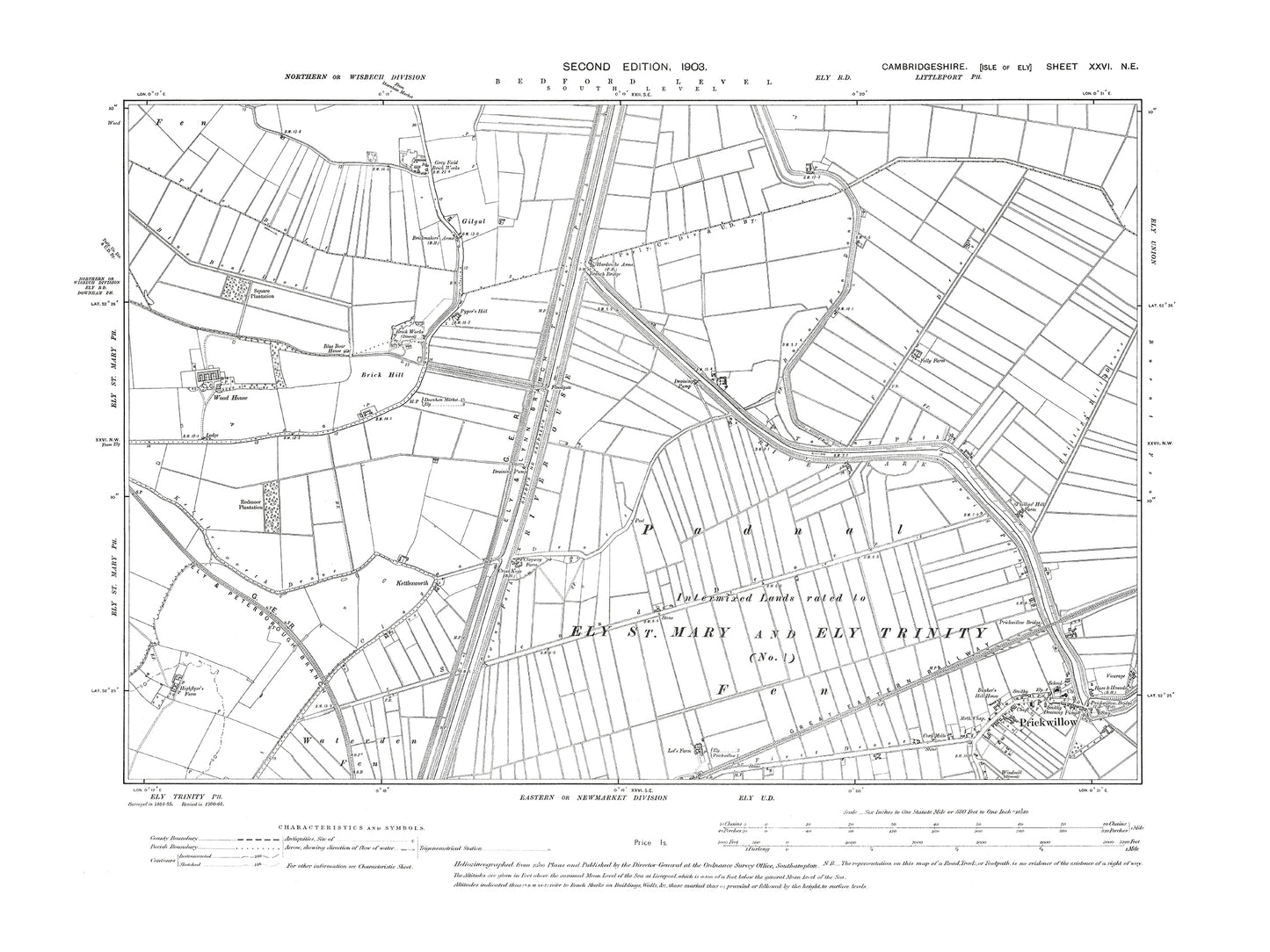 Old OS map dated 1903, showing Prickwillow in Cambridgeshire 26NE