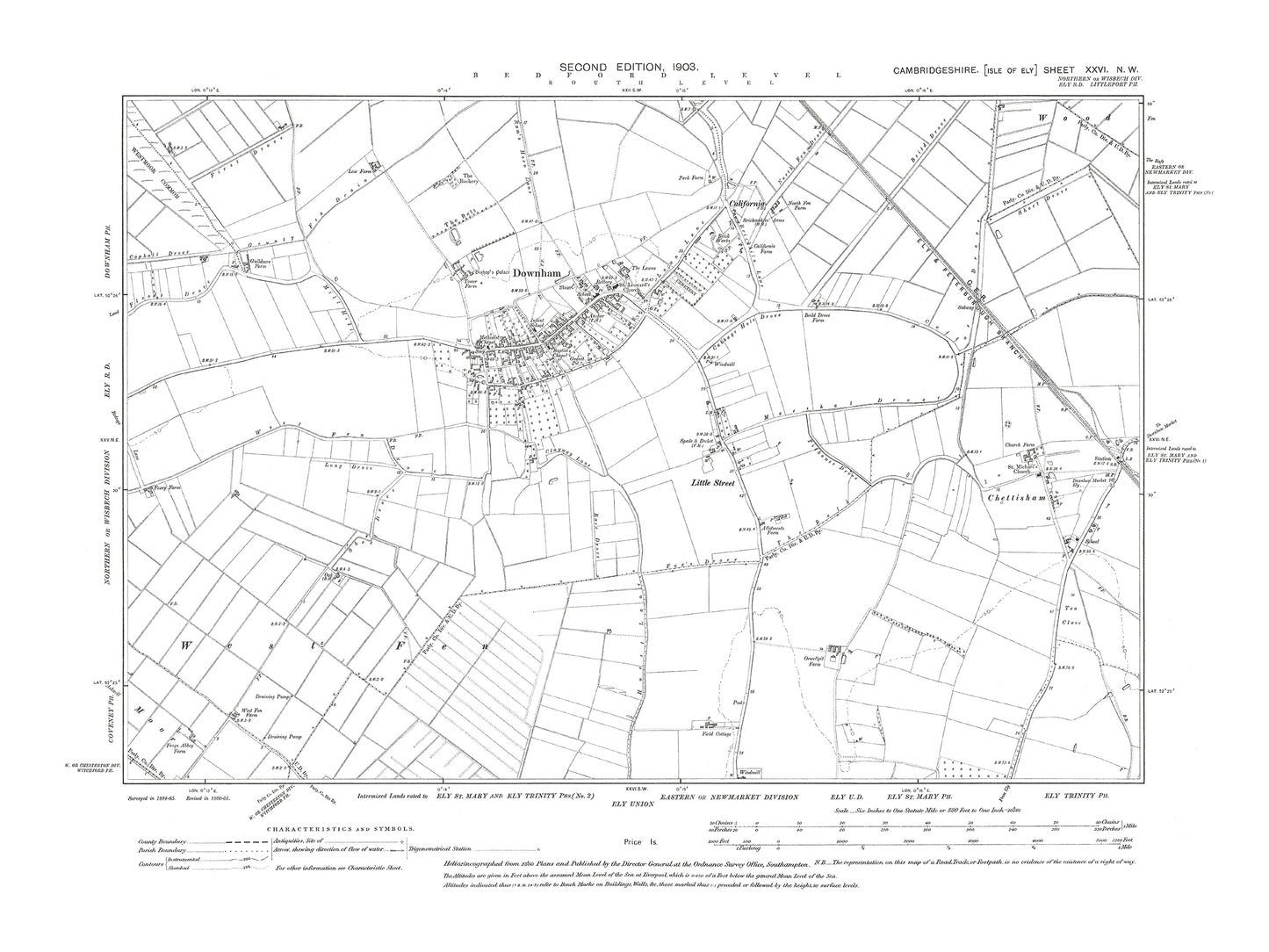 Old OS map dated 1903, showing Downham, Chettisham in Cambridgeshire 26NW