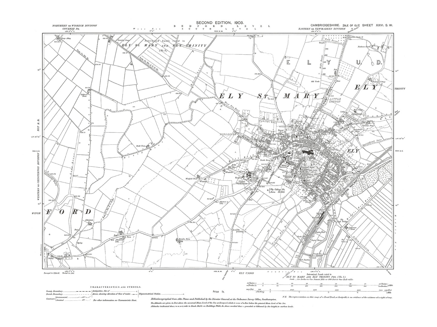 Old OS map dated 1903, showing Downham, Ely in Cambridgeshire 26SW