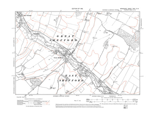 A 1913 map showing Great Shefford, East Shefford, East Garston (southwest) in Berkshire - OS 1:10560 scale map, Berks 26SW