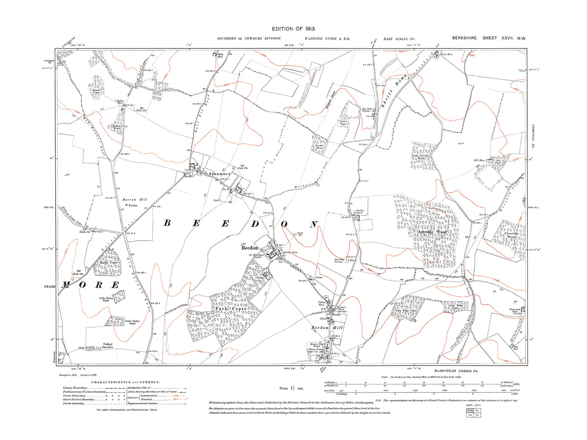 A 1913 map showing Beedon, Beedon Hill in Berkshire - OS 1:10560 scale ...