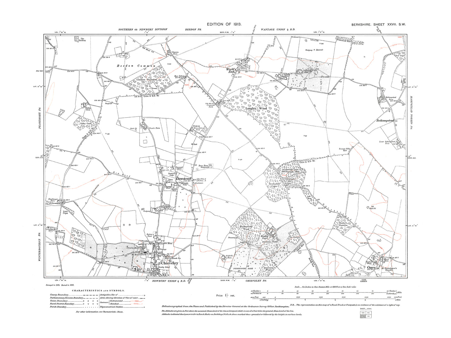 A 1913 map showing Downend, Chieveley (north), World's End, Oare in Berkshire - OS 1:10560 scale map, Berks 27SW