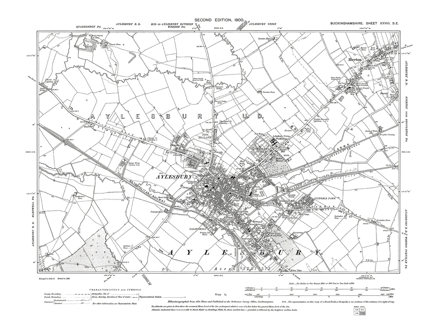 Old OS map dated 1900, showing Aylesbury, Bierton (west) in Buckinghamshire 28SE