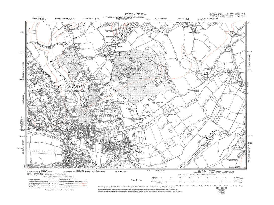 A 1914 map showing Caversham, Emmer Green in Berkshire - OS 1:10560 sc ...